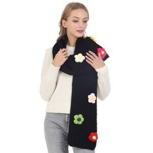 Elegant Black Knit Scarf with Floral Accents